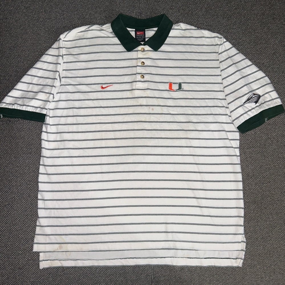 Rare 90s Nike Miami Hurricanes White and Green Striped Polo Shirt